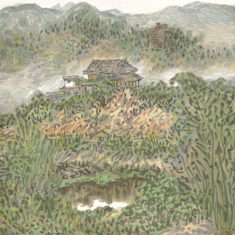 （2）李翔 《傣寨春早》 50x50cm 宣纸设色 2014年 .jpg