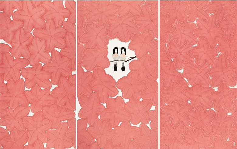 2013年陈家泠先生在中国国家博物馆举办画展,此作品为中国国家博物馆收藏作品 .红叶小鸟.高2米--宽3米.一.jpg