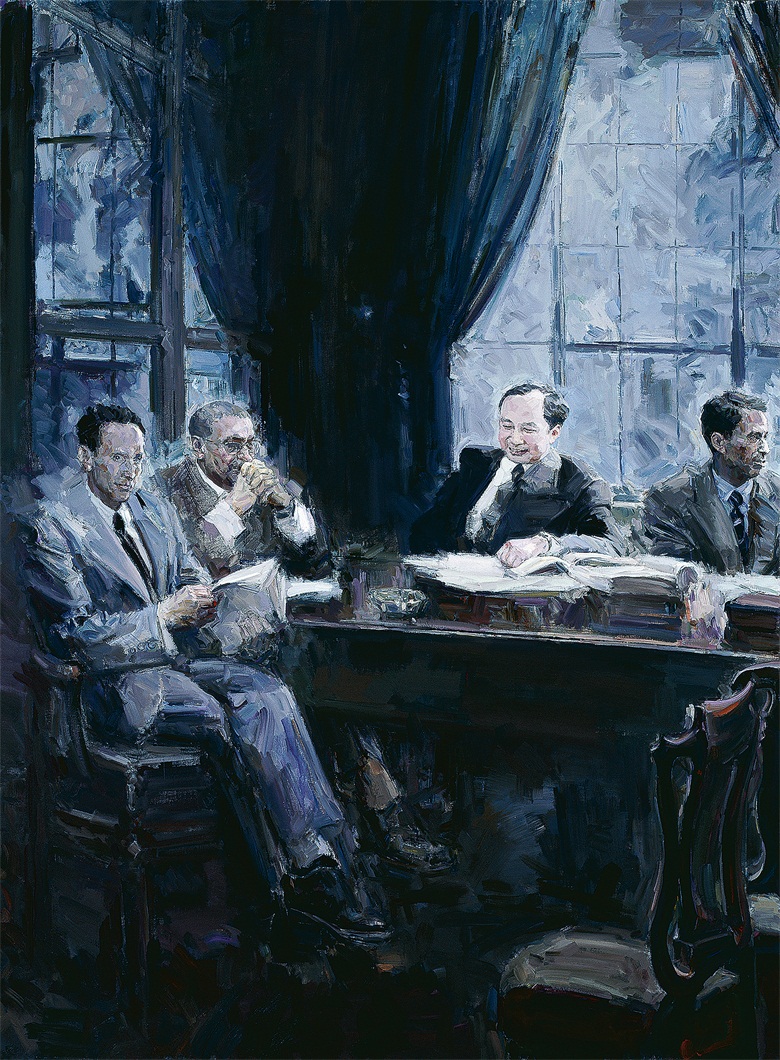 骆根兴 《钱学森在美国之三》  2011年作   布面油彩190cmx140cmx3.jpg