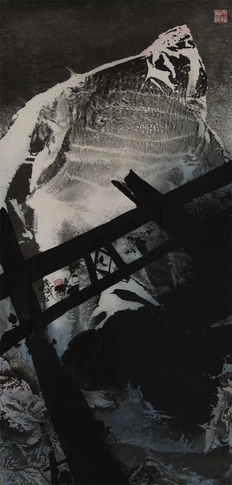 二次造山早期作品 《门窗系列之皓月冷长白》 135x64 cm 1991年 宣纸水墨.JPG