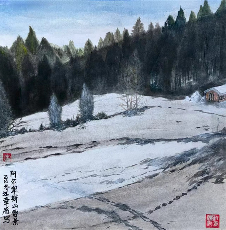 水墨写生作品《阿尔卑斯山雪景》尺寸：33x33cm ，材质：生宣2025年.jpg