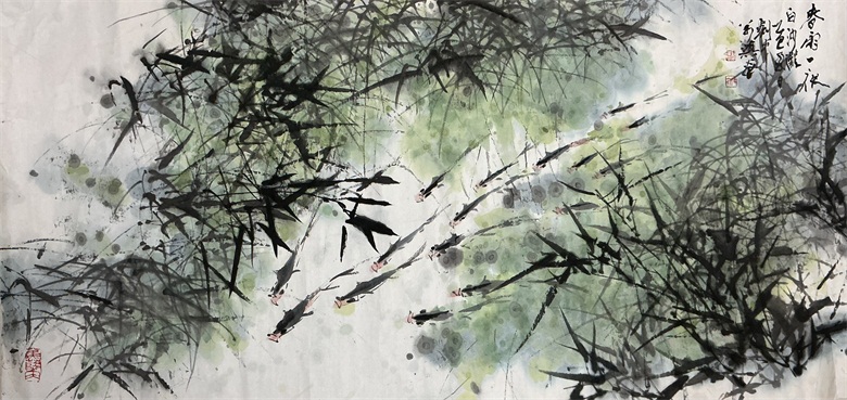 《春雨一夜白沙滩》  136x48cm  中国画.jpg