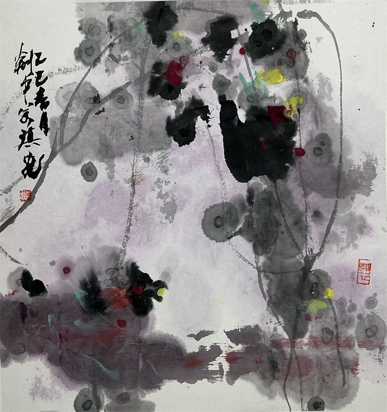 《藤花半枝夜来雨》  68x68cm  中国画.jpg